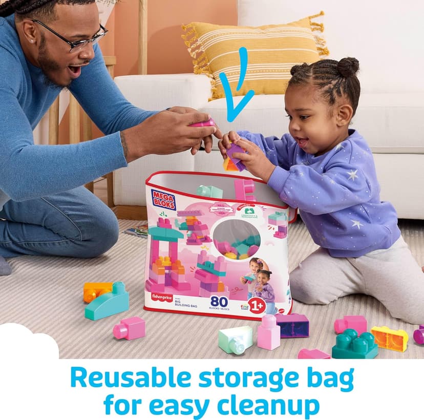 MEGA BLOKS First Builders Toddler Blocks Toys Set, Big Building Bag Collection with 80 Pieces and Storage, Pink, Ages 1+ Years