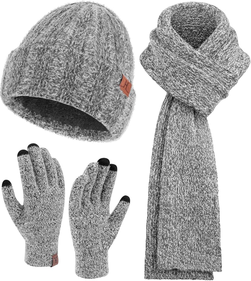 Womens Winter Warm Knit Beanie Hat Touchscreen Gloves Long Neck Scarf Set with Fleece Lined Skull Caps Gifts for Women