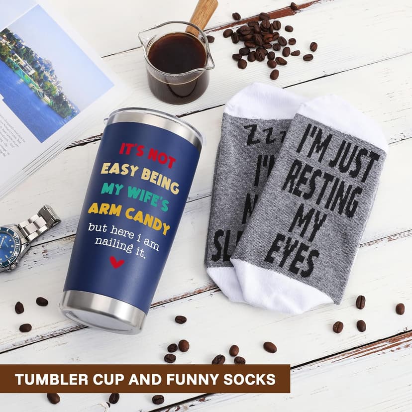 Husband Anniversary Men Gifts for Him from Wife, Husband Birthday Christmas Stocking Stuffers Gift, Wedding Anniversary Men Gifts for Husband Who Has Everything, 20oz Dark Bule Tumbler Cup ＆ Socks