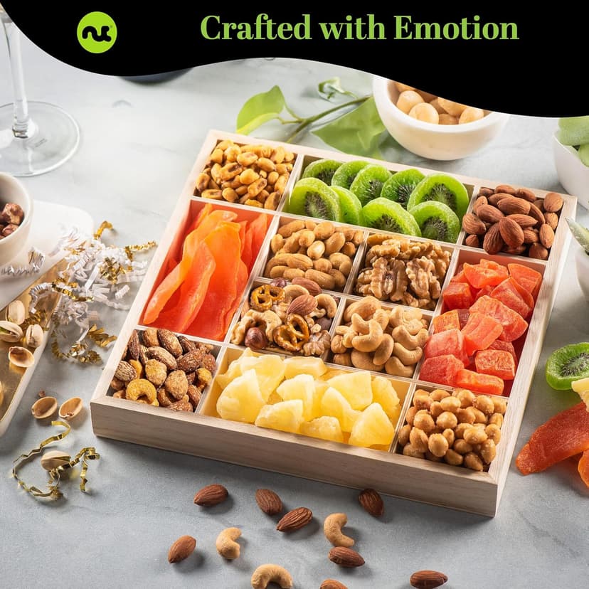 NUT CRAVINGS - Holiday Christmas Dried Fruit & Mixed Nuts Gift Basket in Reusable Wooden Tray + Ribbon (12 Assortments) Xmas Treats for Adults, Food Arrangement, Healthy Snack Care Package, Kosher