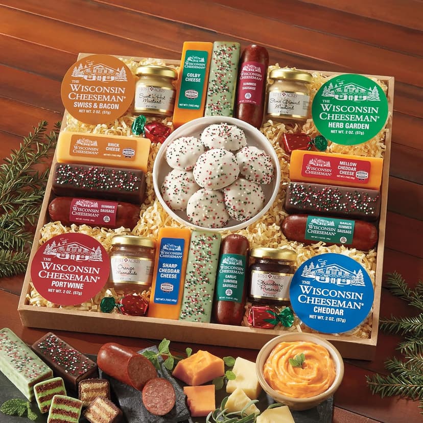 The Wisconsin Cheeseman 21 Favorites Food Gift Box with Assorted Summer Sausage Meats & Cheese Bricks w/Meat and Cheese Combo Featuring Italian, Original and Garlic Summer Sausage