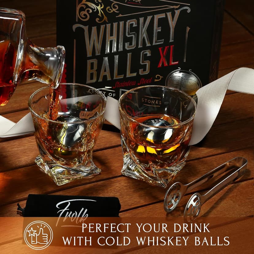 Gifts for Him - Men Dad Husband - 4 XL Stainless Steel Whisky Ice Balls, Special Tongs & Freezer Pouch in Luxury Gift Box for Whiskey Lovers!