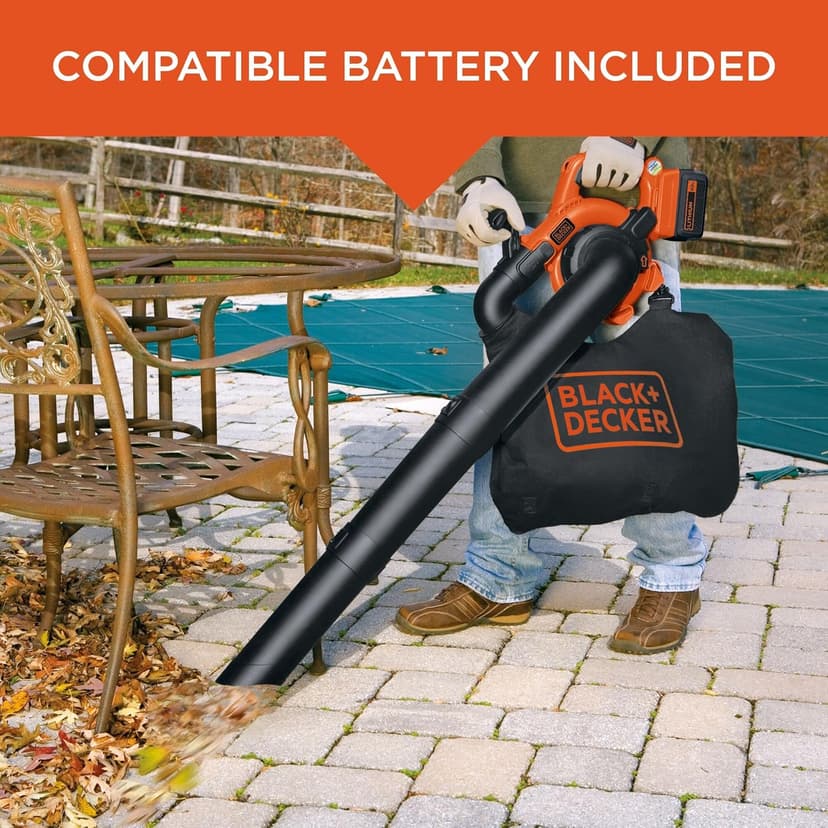 BLACK+DECKER Leaf Blower Cordless Leaf Vacuum and Mulcher Combo Kit, Battery and Charger Included, 40V 120 mph Air Speed, 6-Speed Dial, Built-in Scraper with Collection Bag (LSWV36)
