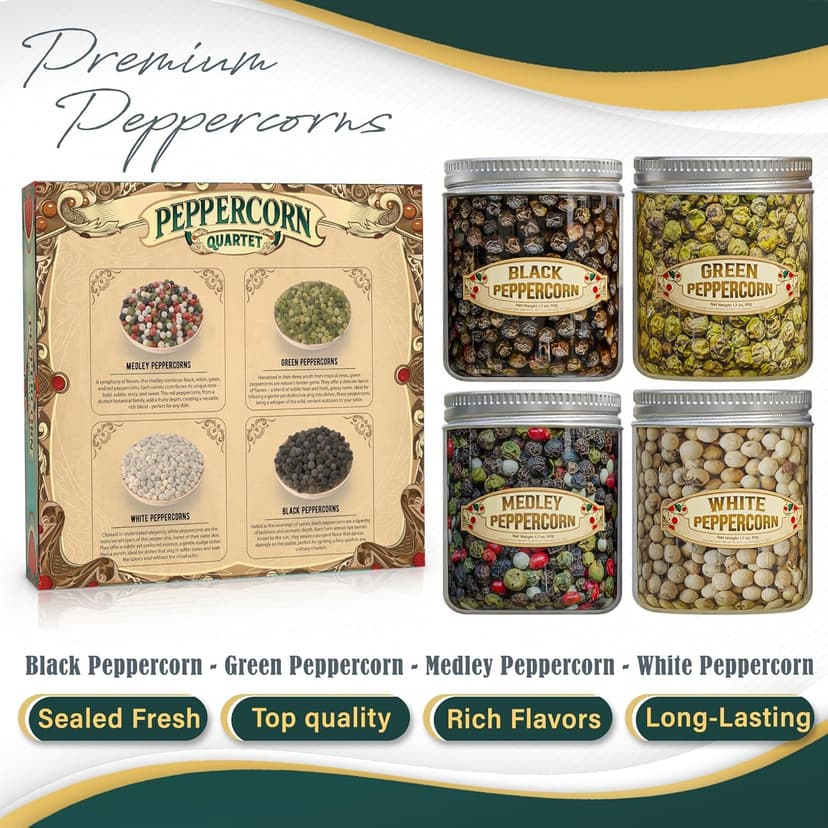 Gourmet Peppercorn Gift Set with Wooden Pepper Mill in Gift Box - 4 Variety (Green, Black, White, Medley). Unique Christmas Gifts for Dad Gifts Stocking Stuffers for Adults Mother Day Fathers Day