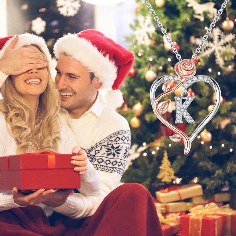 Iefil Stocking Stuffers for Women Wife - 925 Sterling Silver Rose Heart Initial Necklace, Christmas Anniversary Birthday Gifts for Women, Jewelry Gift for Her Wife Girlfriend Mom Daughter