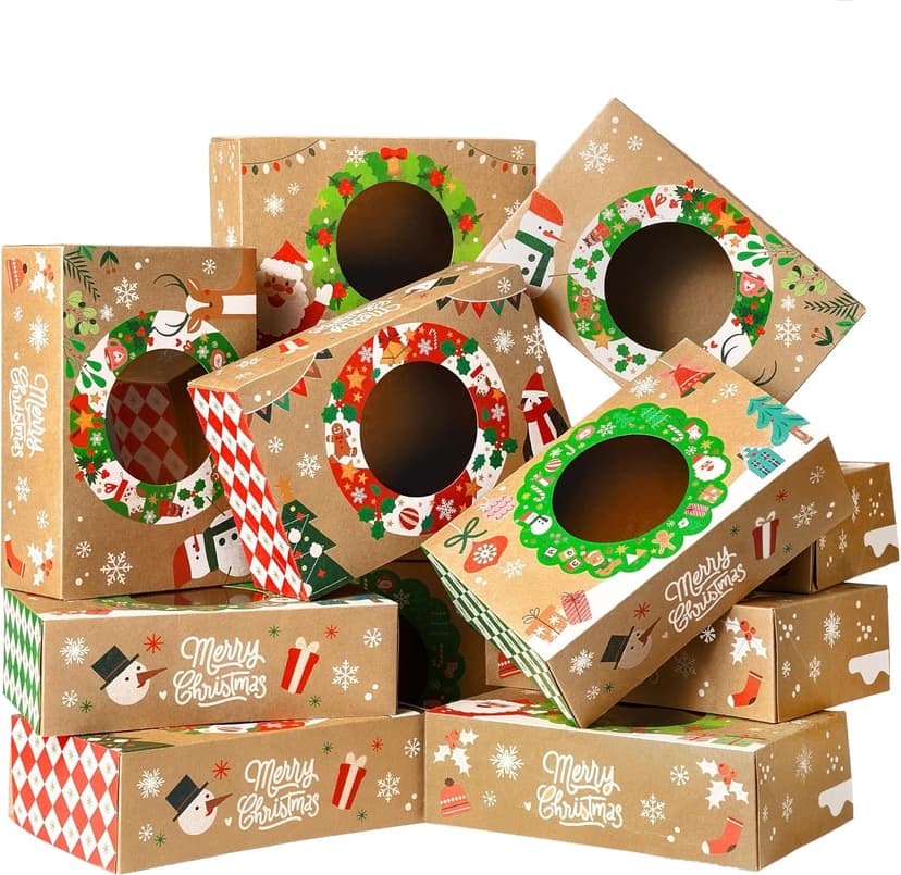 JOYIN 12PCS Christmas Cookie Boxes for Gift Giving, 8.75" x 5.75" x 2.75" Xmas Holiday Bakery Treat Boxes with Window, Kraft Cookie Tin Container Box for Baked Goods, Cupcake, Pastry, Candy, Brownies