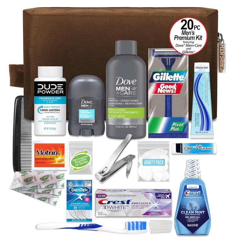 Convenience Kits International Men’s Premium 20-Piece Kit with Travel Size TSA Compliant Essentials, Featuring: Dove Men & Care Products in Brown Dopp Bag