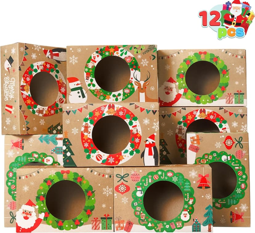JOYIN 12PCS Christmas Cookie Boxes for Gift Giving, 8.75" x 5.75" x 2.75" Xmas Holiday Bakery Treat Boxes with Window, Kraft Cookie Tin Container Box for Baked Goods, Cupcake, Pastry, Candy, Brownies