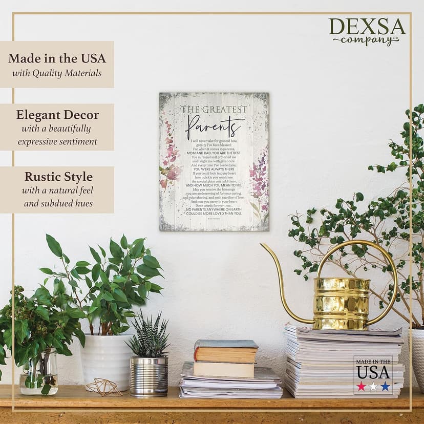 DEXSA Greatest Parents Wood Plaque - Made in the USA - 11.75 in x 15 in - Classy Vertical Frame Wall Hanging Decoration | Mom & Dad, you are the Best | Christian Family Religious Home Decor Saying