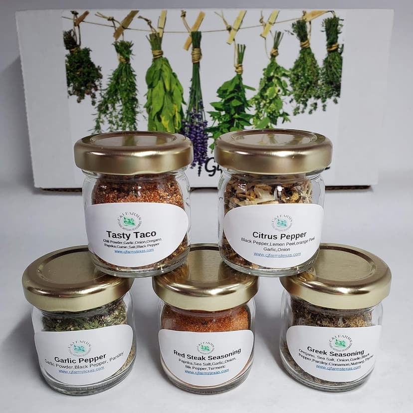 C&J Farms Texas Gourmet Artisan Seasonings Gift of Seasonings Gift Set- 10 Pc. Variety Sampler Box- Natural Herbs, Spices, and Salts for Kitchen Rack