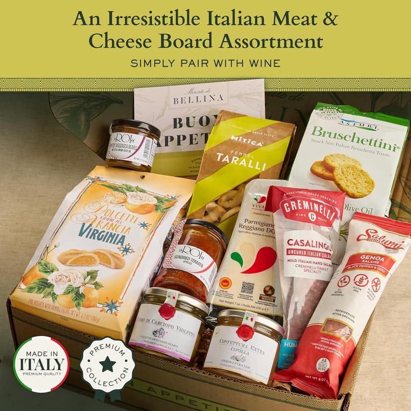 Mercato di Bellina Meat and Cheese Gift Box - Italian Charcuterie Gift Basket With Salami, Cheese, Olives, Crackers, Made in Italy for Holiday, Father's Day, Birthdays, Housewarming, Thank You