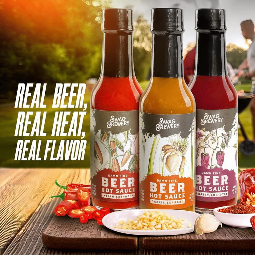 Beer-infused Hot Sauce Variety 3-pack (Includes Asian Sriracha, Garlic Serrano, & Roasty Chipotle) - Craft Beer Gift, Hot Sauce Gift Set, Beer Sauce, BBQ Sauce, Beer Lover, Grill + Man Cave