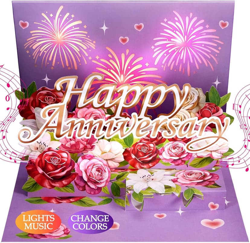 Airpark Anniversary Card with Music & Lights, 3D Pop Up Happy Anniversary Cards for Him Her Husband Wife Couple, Fireworks & Rose Lily Paper Flowers