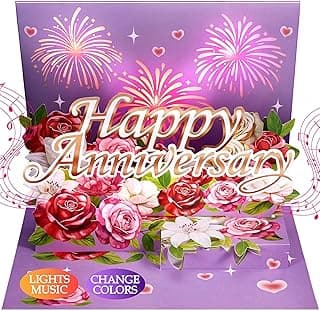 Airpark Anniversary Card with Music & Lights, 3D Pop Up Happy Anniversary Cards for Him Her Husband Wife Couple, Fireworks & Rose Lily Paper Flowers