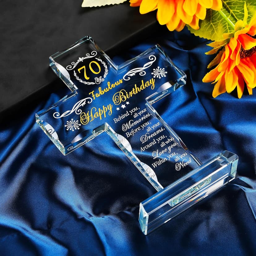 70th Birthday Cross Gifts for Women, Men, Standing Glass Keepsake for 70 Year Old Birthday Religious Presents for Mom, Dad, 70th Fabulous Birthday Gifts Ideas