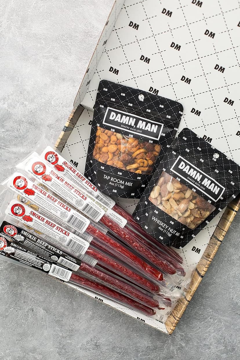 Beef Jerky Gift Basket for Men with Nuts - 12pc Meat Snack Food Variety Box, Unique Food Gift Idea for Birthday, for Husband, Family, Care Package for Guys, Adults