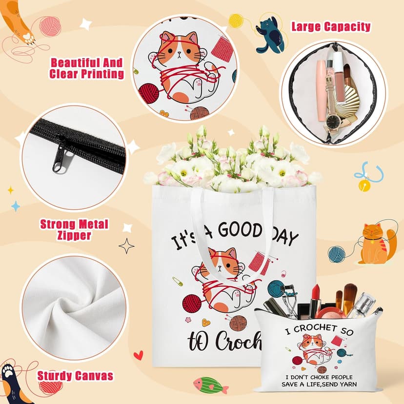 Y1tvei Cartoon Cat Canvas Bags - 2Pcs It’s A Good Day to Crochet Canvas Tote Bag Makeup Pouch, Reusable Grocery Folding Shopping Handbag, Knitting Crocheting Funny Gifts for Knitter Crocheters Women