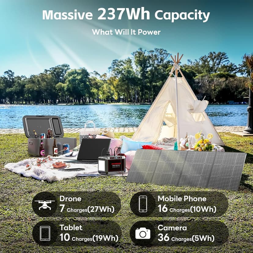 MARBERO 237Wh Solar Generator with Solar Panel Included Portable Power Station 300W Pure Sine Wave with Foldable Solar Panel 60W Set for Camping Outdoor Hiking Fishing Emergency