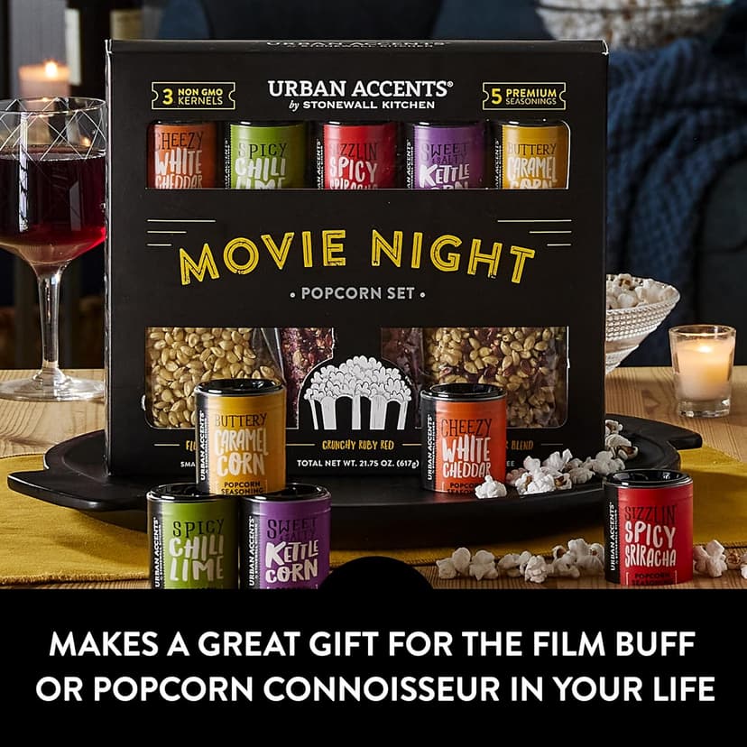 Urban Accents MOVIE NIGHT Popcorn Kernels and Popcorn Seasoning Variety Pack (set of 8) - 3 Non-GMO Popcorn Kernel Packs and 5 Gourmet Popcorn Snack Seasoning