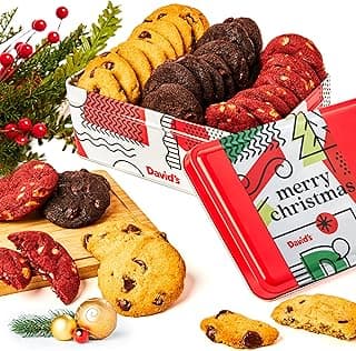 David's Cookies Merry Christmas Mini Cookies in Sweet Sampler Tin - Assorted Mini Christmas Cookies with Chocolate & White Chocolate Chip and Red Velvet - Gourmet Cookie Gift Basket for Holidays 14oz