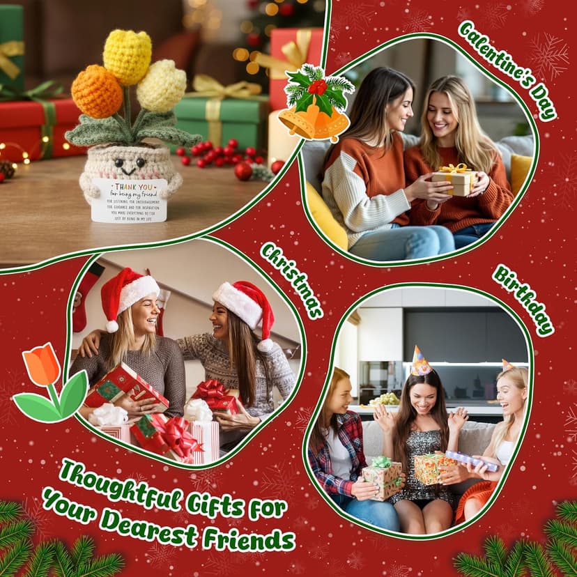OASSIE Christmas Thank You Gifts for Women Friends - Thank You for Being A Friend Emotional Support Crochet Tulip with Card - Birthday Gifts for Women Friendship, Friend Gift for Coworker Sister