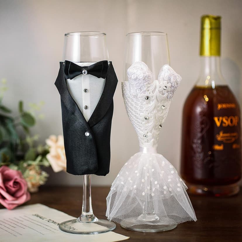 4 Piece Wedding Reception Supplies Wedding Toasting Flutes and Cake Server Set -2 Champagne Glasses, 1 Cutting Knife and 1 Pie Server, Bride and Groom Gifts Wedding Gifts (Gorgeous)