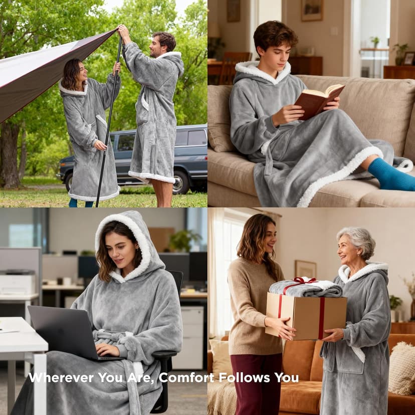 Bedsure Wearable Blanket Hoodie, Long Hooded Blanket Sweatshirt as Birthday Gifts for Women, Cozy Sherpa Hoodie for Adult, Standard, Grey