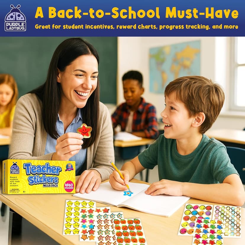 PURPLE LADYBUG Teacher Stickers for Students - 4960 Reward Stickers for Kids Classroom Supplies, Teacher Must-Haves for Classroom Reward Charts, Star, Back to School Gift