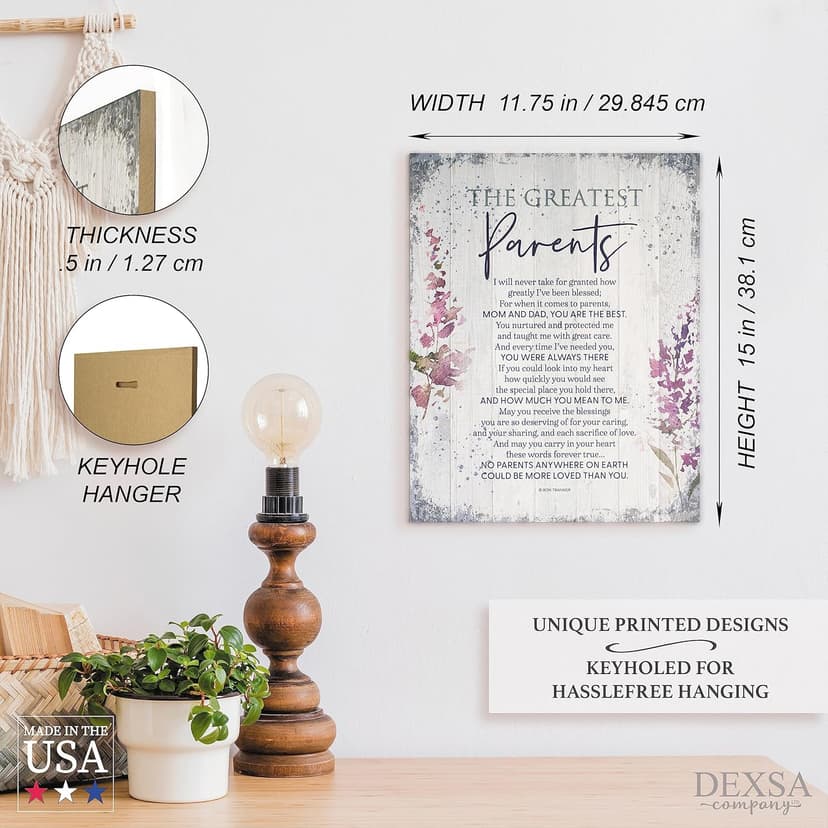 DEXSA Greatest Parents Wood Plaque - Made in the USA - 11.75 in x 15 in - Classy Vertical Frame Wall Hanging Decoration | Mom & Dad, you are the Best | Christian Family Religious Home Decor Saying