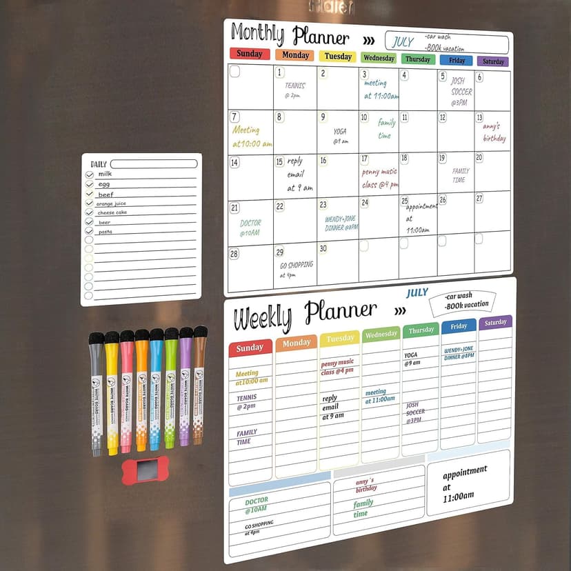 Hivillexun Magnetic Dry Erase Calendar Whiteboard Set (3-Pack) for Fridge, Wall, and Refrigerator Organization – Monthly, Weekly, and Daily Planners with 8 Markers and Eraser