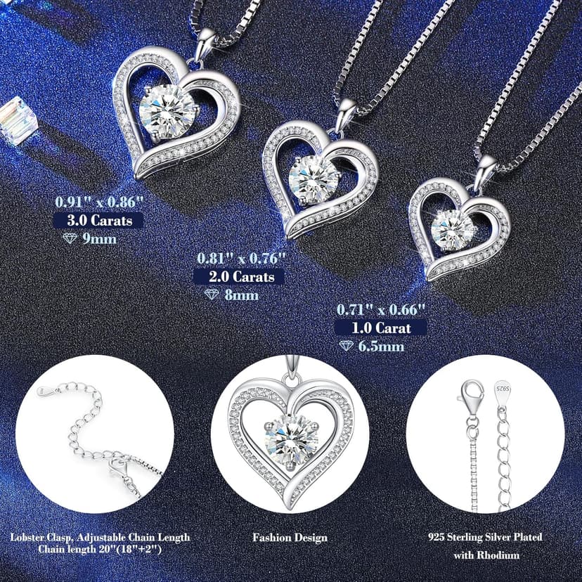 Moissanite Heart Necklaces for Women, 1-3 Carat Moissanite 925 Sterling Silver Necklace, Anniversary Present for Women, Birthday Gifts for Wife, Jewelry Gifts for Christmas, Valentine's Day
