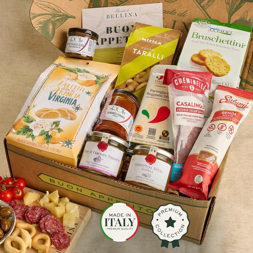 Mercato di Bellina Meat and Cheese Gift Box - Italian Charcuterie Gift Basket With Salami, Cheese, Olives, Crackers, Made in Italy for Holiday, Father's Day, Birthdays, Housewarming, Thank You