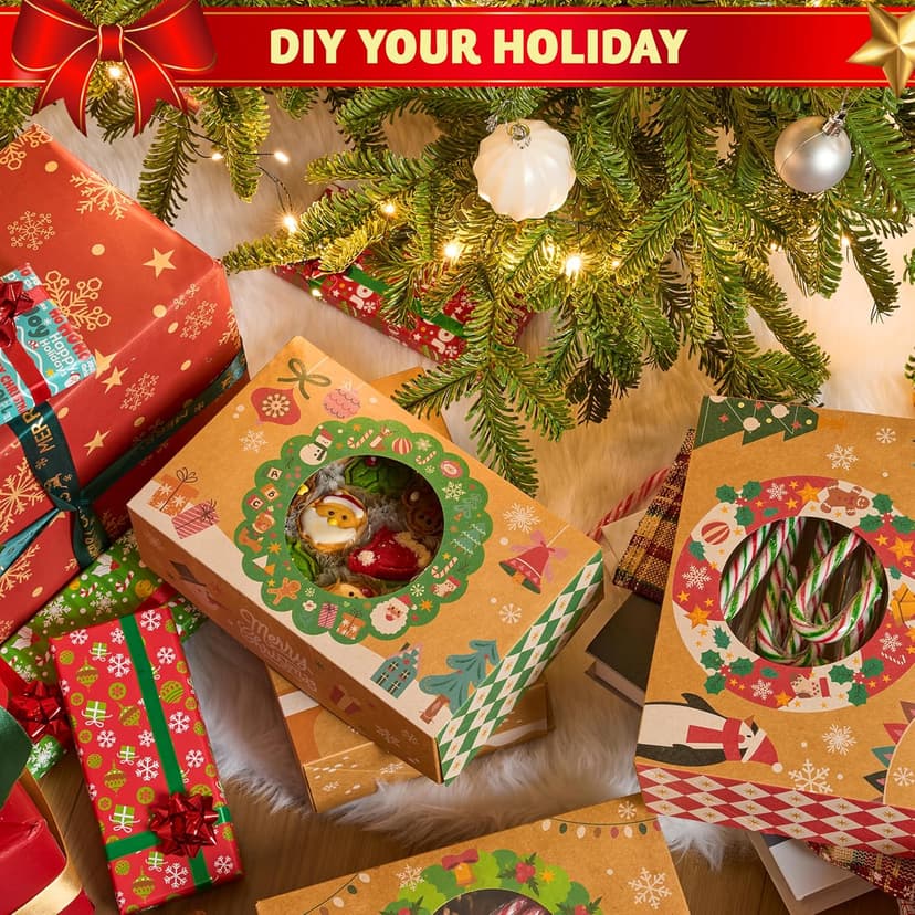 JOYIN 12PCS Christmas Cookie Boxes for Gift Giving, 8.75" x 5.75" x 2.75" Xmas Holiday Bakery Treat Boxes with Window, Kraft Cookie Tin Container Box for Baked Goods, Cupcake, Pastry, Candy, Brownies