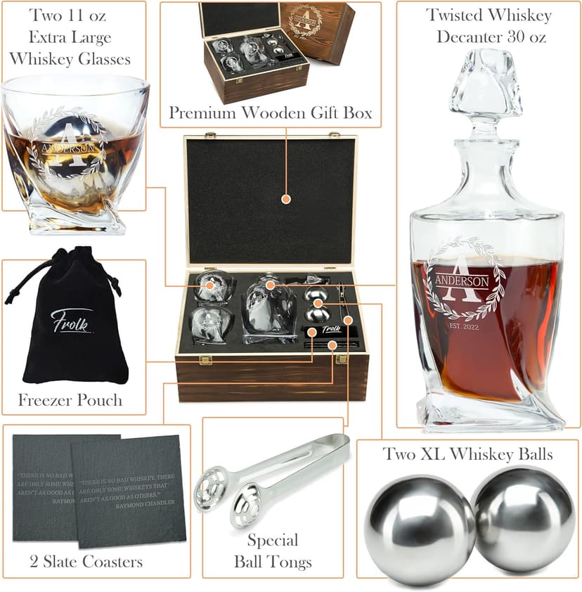 Personalized Whiskey Decanter and Stones Set - Customized Gift for Him - Men, Dad, Father - Engraved Twisted Decanter,2 Twisted Glasses, 2 XL Chilling Balls, Coasters, Tongs in Wooden Gift Box