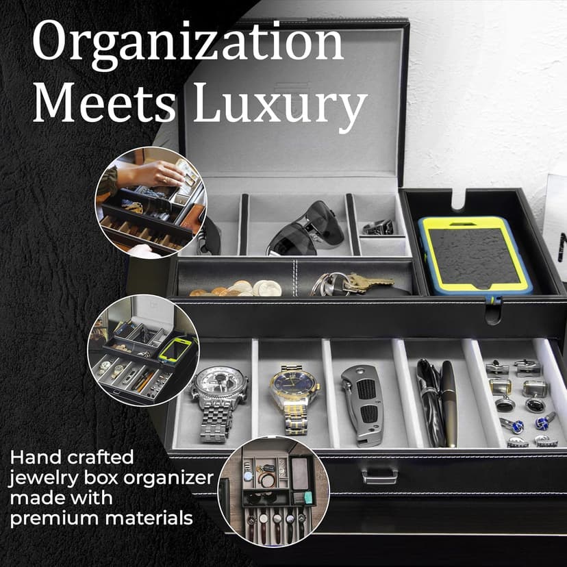Mens Watch Box Leather Valet Tray - Bedside Table Organizer, Men's Jewelry Box, Watch Case for Men with Large Smartphone Charging Station - Jewelry Box for Men with Valet Box and Nightstand Organizer
