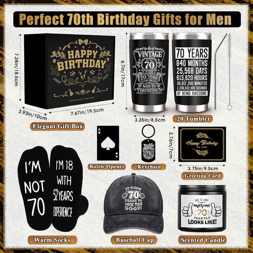 70th Birthday Gifts for Men - Unique Box with 20 Oz Tumbler, Scented Candle, Socks, Baseball Cap for Husband, Dad, Grandpa, Friends, Teachers, Boss