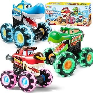JOYIN 3 Pack Monster Truck Toy - Motion Activated Light Up Cars for Toddlers - Monster Glow Rover LED Wheels - Baby Boy Toys - Press and Go Dinosaur Trucks for Kids Boys Birthday Gifts for Christmas