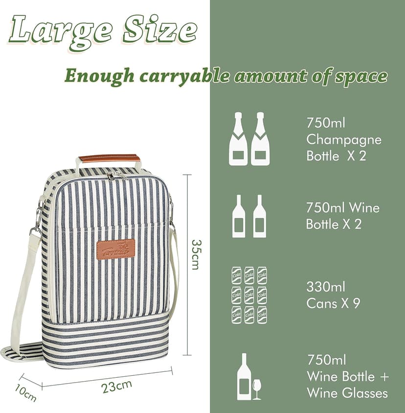 Tirrinia Insulated 2 Bottle Wine Gift Tote Bag - Wine Tumbler Glass Cooler Carrier for BYOB Restaurants, Wine Tasting, Travel, Park, Beach, Great Wine Lover Gift, Blue Stripe
