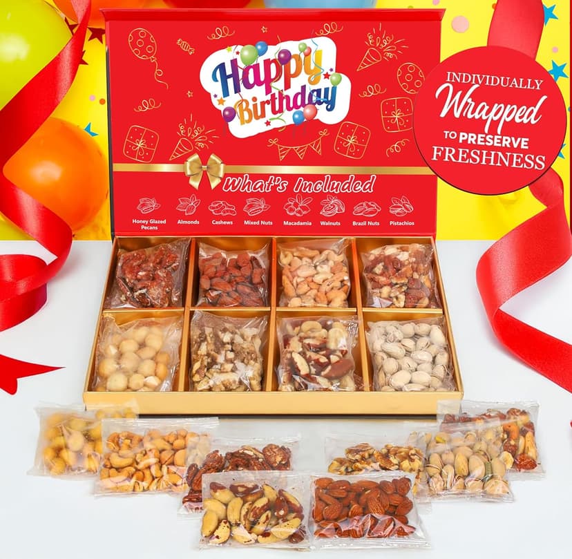 Luxurious Treats Nuts Gift Basket, Happy Birthday Nut Gifts Gourmet Collection Healthy Food Box Mixed Cravings Platter Tray Sampler Assortment Mix for Men Women