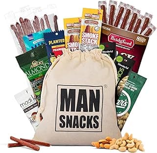 ManSnacks Deluxe Jerky & Nuts Gift Basket for Men - 28 pc - Large Variety of Beef Jerky Sticks, Pepperoni Sticks, Cheese Stick, Almonds, Peanuts & Pistachios, in a Manly Gift Bag