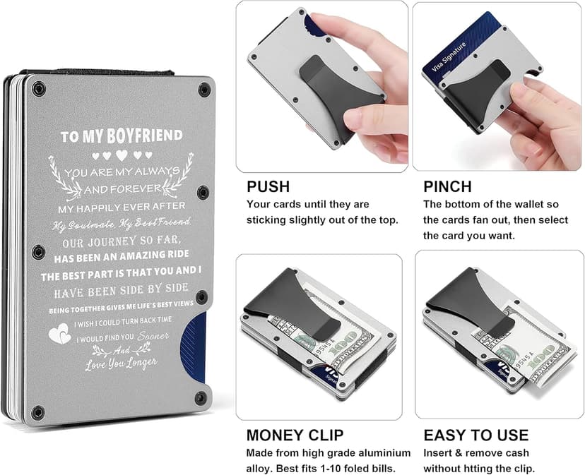 To My Boyfriend Gift | Men Minimalist Personalized Engraved Metal Wallet from Girlfriend | Custom Love Message Slim Aluminum Card Holder with Money Clip | Birthday Anniversary Christmas Valentines Day