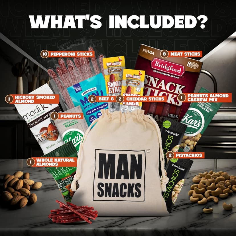 ManSnacks Deluxe Jerky & Nuts Gift Basket for Men - 28 pc - Large Variety of Beef Jerky Sticks, Pepperoni Sticks, Cheese Stick, Almonds, Peanuts & Pistachios, in a Manly Gift Bag