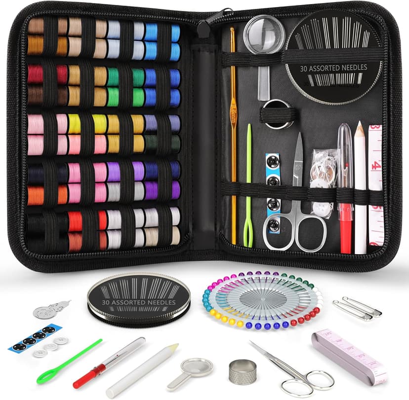 Coquimbo Sewing Kit Christmas Gifts for Grandma, Mom, Traveler, Adults, Beginner, Emergency, DIY Sewing Supplies Organizer Filled with Scissors, Thread, Sewing Needles, Tape Measure etc (Black, L)