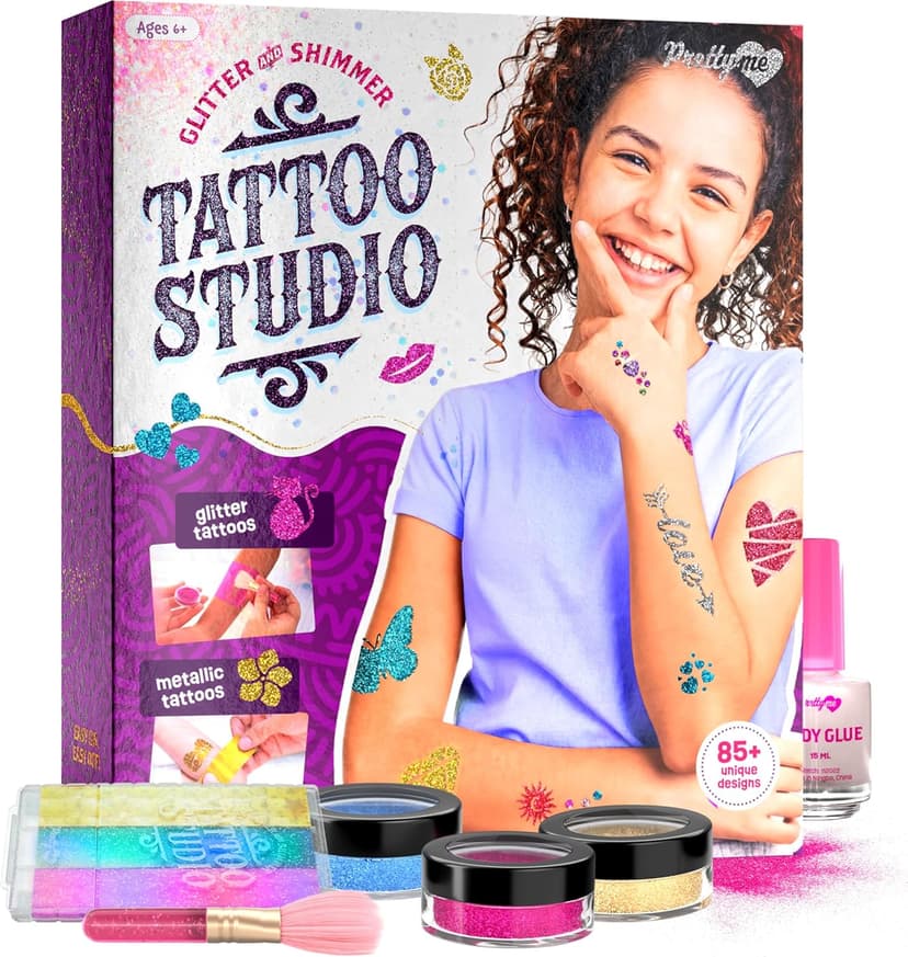 Pretty Me Glitter Tattoo Kit for Kids - Glitter & Metallic Fake Tattoos for Girls - Birthday Gift Ideas for Girl - Temporary Tattoo Set - Craft Kits Toys for Ages 6 7 8 9 10 11 Year Old - Cool Gifts
