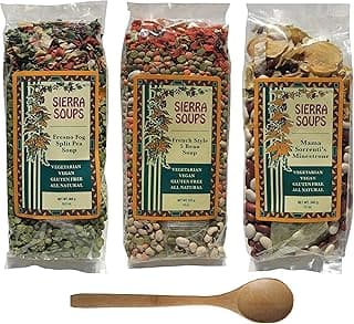 Sierra Soups Healthy, Hearty, All Natural and Gluten Free Soups - 3 Pack Assortment: Fresno Fog Split Pea, French Style 5 Bean & Mama Sorrenti’s Minestrone. Includes Soup Spoon