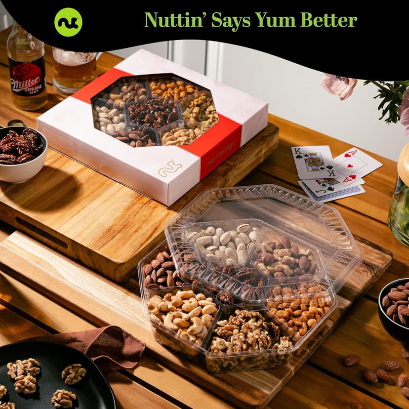 NUT CRAVINGS - Diwali Mixed Nuts Gift Basket in Red Gold Box (7 Assortments, 1 LB) Food Arrangement, Healthy Snack Care Package, Food Assortments