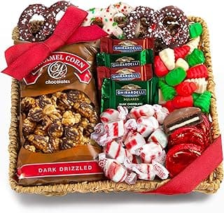A Gift Inside Holiday Classic Chocolate, Candy & Crunch Gift Basket With Handmade Chocolates, Ghirardelli, Caramel Corn for Gourmet Christmas Food Gift
