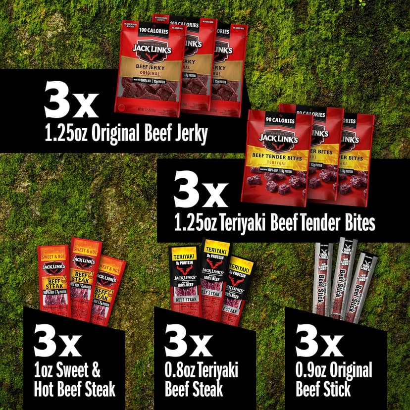 Jack Link's Beef Jerky Gift Basket Variety Pack - Includes Jerky, Meat Sticks, and Beef Steaks, Great Gift for Men, Perfect Hunting Trip Snacks, 15-Piece Assorted Meat Snack Pack