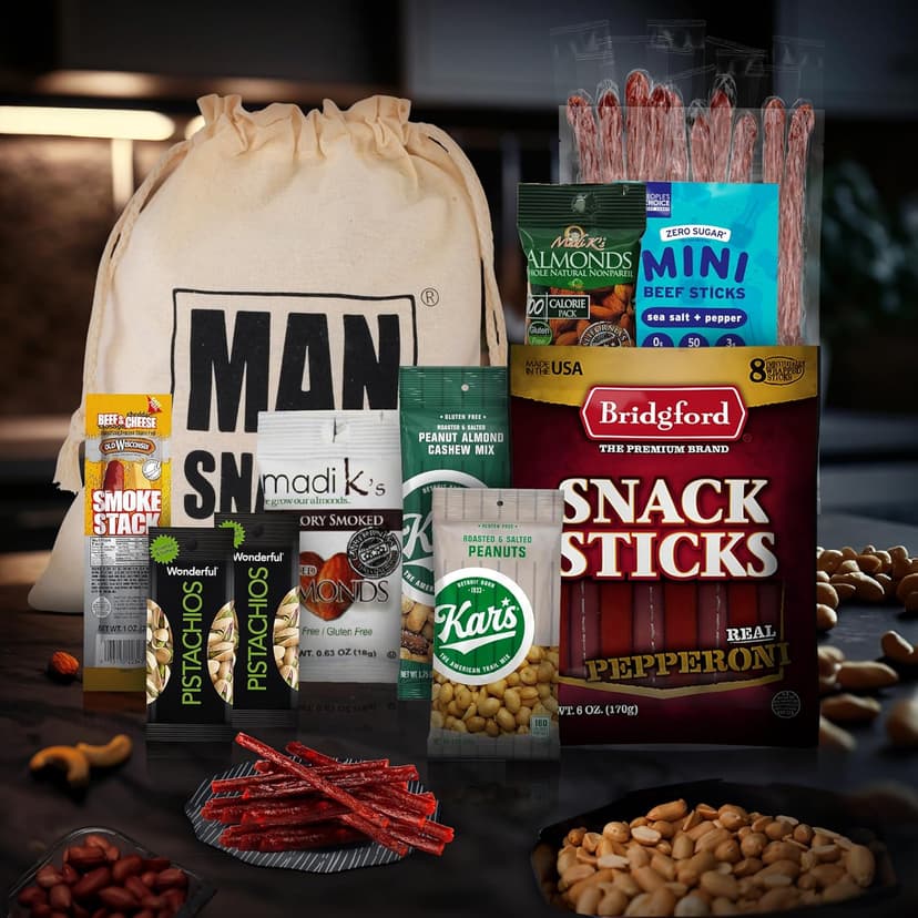 ManSnacks Deluxe Jerky & Nuts Gift Basket for Men - 28 pc - Large Variety of Beef Jerky Sticks, Pepperoni Sticks, Cheese Stick, Almonds, Peanuts & Pistachios, in a Manly Gift Bag