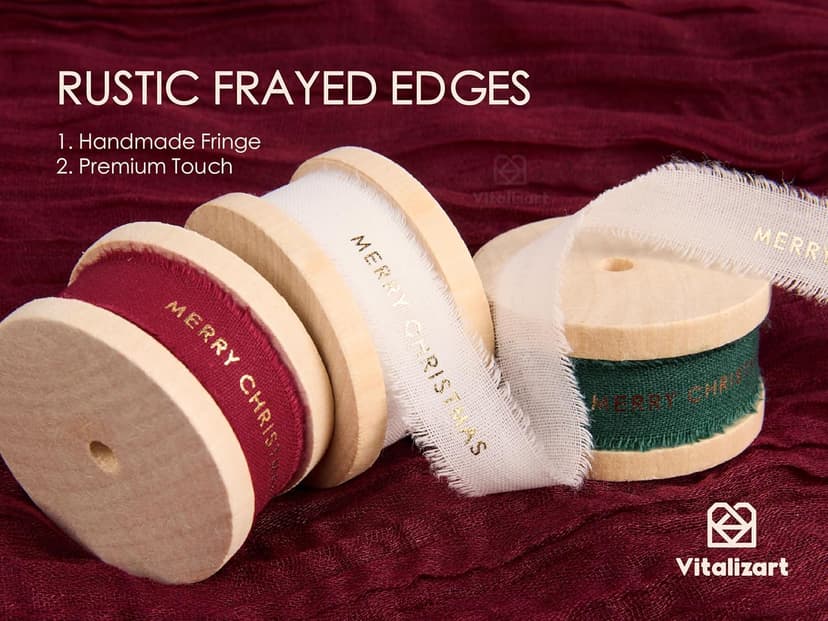 Vitalizart Merry Christmas Ribbon 5/8 Inch Natural Cotton Handmade Frayed Fringe Ribbons 15 Yd for Gift Wrapping Crafts Flower Wreath Garland Holiday Decorations Green Red White